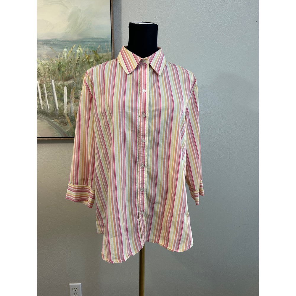 Pastel Striped Button Up‎ Shirt Cottagecore Coastal Grandma 3/4 Chico's Blouse 3